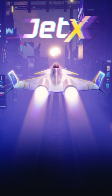 A jetx flying through the air surrounded by neon lights


