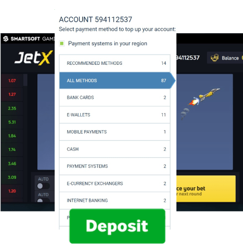 A screenshot of a jetx mobile app screen with the text deposit on it